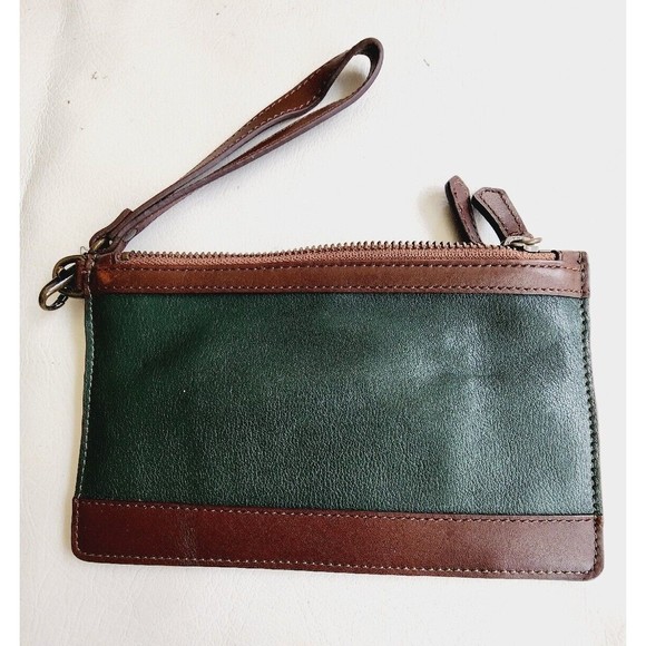 LL Bean Handbags - L.L. Bean Leather Wristlet Wallet Clutch Brown Green Zipper Pockets 8x5 in. EUC